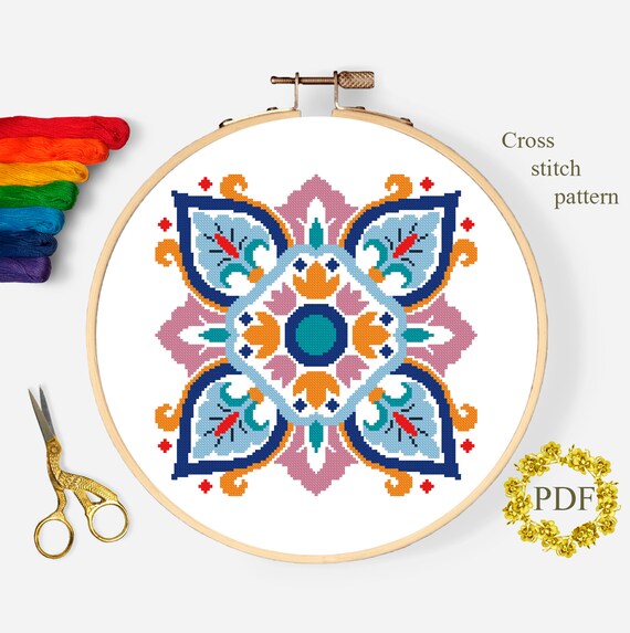 Folk inspired cross stitch pattern PDF chart traditional art digital