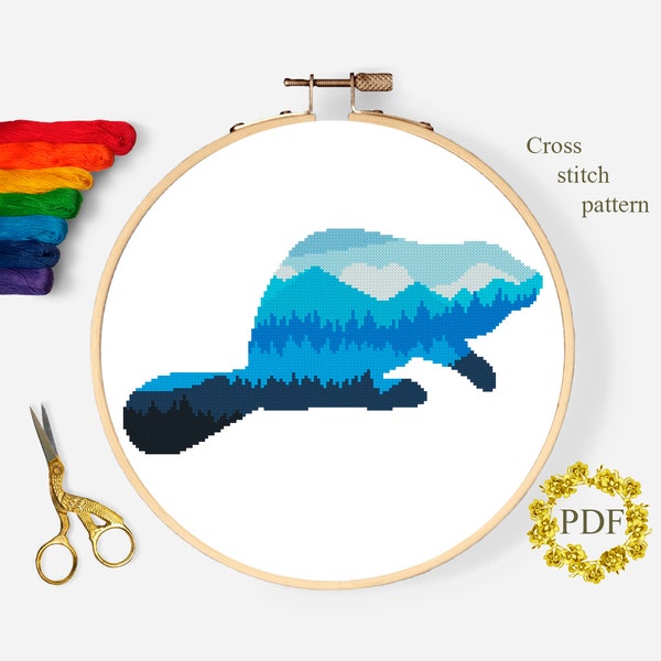 Silhouette Beaver Modern Cross Stitch Pattern PDF, Mountain Landscape Counted Cross Stitch Chart, Nature Animal, Embroidery Digital Download