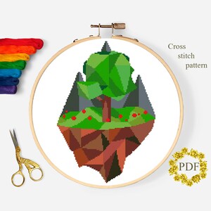 Geometrische Insel Modern Kreuzstich Muster PDF, Baum Polygonal Kreuzstichvorlage, Natur, Landschaft, Berge, digitaler Download