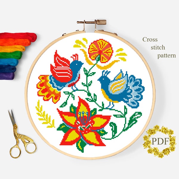 Floral Folk Art Modern Cross Stitch Pattern PDF, Flower Counted Cross Stitch Chart, Nature, Bird, Hex Sign, Hoop Embroidery Digital Download