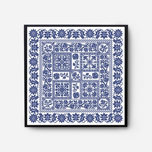 Folk Sampler Modern Cross Stitch Pattern PDF, Monochromatic Flowers Counted Cross Stitch Chart, Pillow, Carpet Embroidery, Digital Download