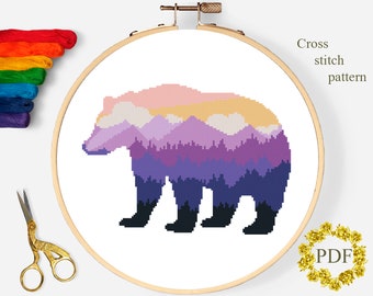 Bear Modern Cross Stitch Pattern PDF, Mountain Landscape Counted Cross Stitch Chart, Animal, Nature, Forest, Embroidery, Digital Download