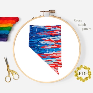 Nevada State Karte Modernes Kreuzstichmuster PDF, Amerikanische Flagge Kreuzstichvorlage, Vaterländische Stickerei, Sterne, digitaler Download