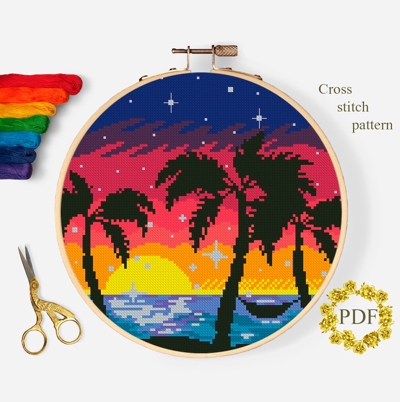Sea Landscape Modern Cross Stitch Pattern PDF, Sunset Counted Cross ...