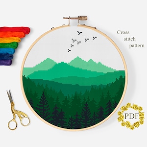 Berglandschaft moderne Kreuzstichvorlage PDF, Wald Kreuzstichvorlage, Natur Xstitch, Hoop Art Embroidery, digitaler Download