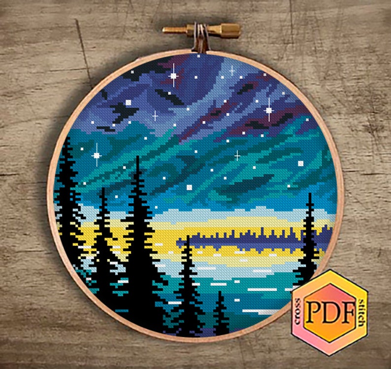 Starry Night Sky Modern Cross Stitch Pattern PDF Landscape Etsy