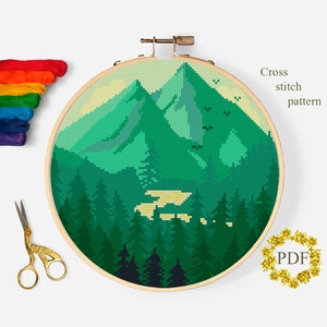 Grüne Landschaft modernes Kreuzstichmuster, Berge gezählt Kreuzstichvorlage, Natur, Wald, Fluss, Hoop Stickerei digitaler Download
