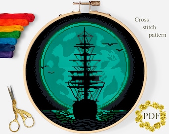 Sailboat Modern Cross Stitch Pattern PDF, Sea Landscape Counted Cross Stitch Chart, Moon Green, Nature, Hoop Embroidery, Digital Download