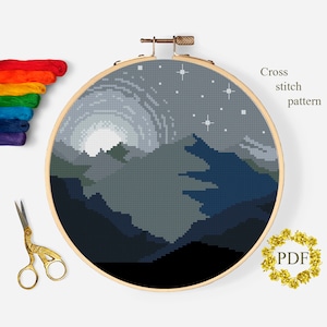 Berge moderne Kreuzstichvorlage PDF, Landschaft Kreuzstichvorlage, Mond, Sternenhimmel, Natur Stickerei, digitaler Download