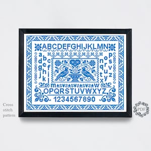 Folk Sampler Modern Cross Stitch Pattern PDF, Floral Monochrome Counted Cross Stitch Chart, Alphabet Letters Embroidery, Digital Download