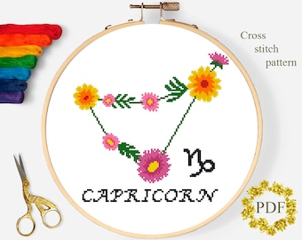 Capricorn Modern Cross Stitch Pattern PDF, Zodiac Sign Counted Cross Stitch Chart, Flowers, Astrology, Floral Embroidery, Digital Download