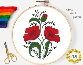 Papaveri moderno schema punto croce PDF, fiori contati schema punto croce, ricamo floreale, natura, cerchio, decorazioni per la casa, download digitale