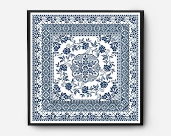 Folk Sampler Modern Cross Stitch Pattern PDF, Monochromatic Flowers Counted Cross Stitch Chart, Pillow, Carpet Embroidery, Digital Download