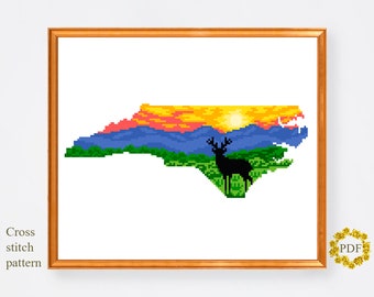 ノースカロライナ州地図のモダンなクロスステッチパターン、山の風景のクロスステッチチャート、自然、鹿、刺繍、PDF をダウンロード