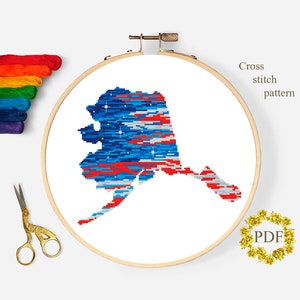 Alaska State Map Modern Cross Stitch Pattern PDF, American Flag Counted Cross Stitch Chart, Stars, Patriotic Embroidery, Digital Download