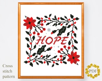 Christmas Modern Cross Stitch Pattern PDF, Floral Wreath Counted Cross Stitch Chart, Xmas, Flower, Hope, Holiday Embroidery Digital Download