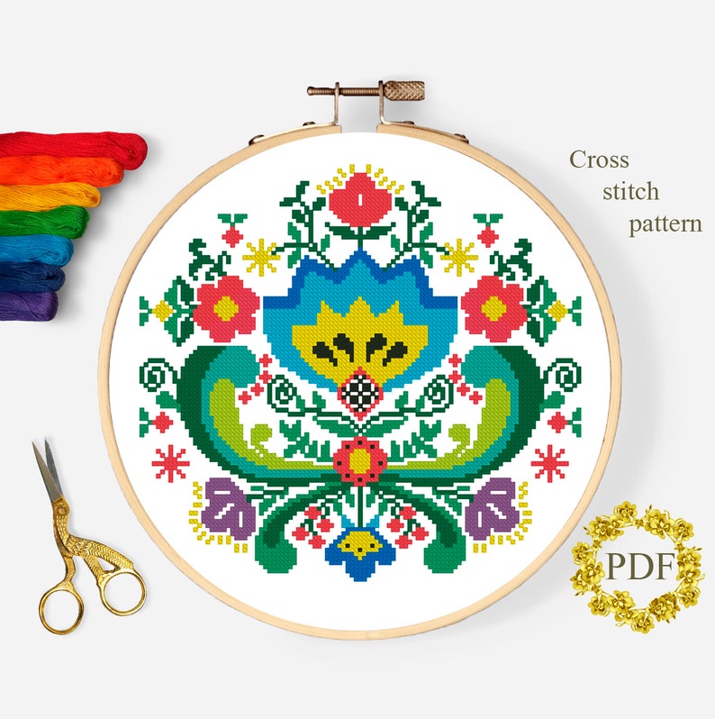 Floral Folk Art Modern Cross Stitch Pattern Flower Counted | Etsy