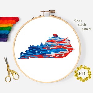 Kentucky State Map Modern Cross Stitch Pattern PDF, American Flag Counted Cross Stitch Chart, Stars, Patriotic Embroidery, Digital Download