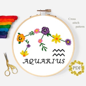 Acuario Patrón de punto de cruz moderno PDF, Gráfico de punto de cruz contado de signos del zodíaco, Flores, Astrología, Bordado floral, Descarga digital