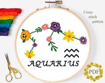 Aquarius Modern Cross Stitch Pattern PDF, Zodiac Sign Counted Cross Stitch Chart, Flowers, Astrology, Floral Embroidery, Digital Download