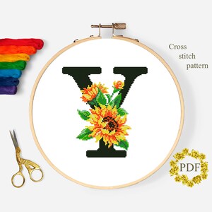 Letra Y Modern Cross Stitch Pattern PDF, Monograma Floral Contado Cross Stitch Chart, Flor Girassol, Bordado Ucrânia, Download Digital
