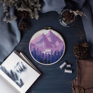 Mountains Modern Cross Stitch Pattern PDF, Lavender Landscape Counted Cross Stitch Chart, Nature, Forest, Hoop Embroidery, Digital Download image 2