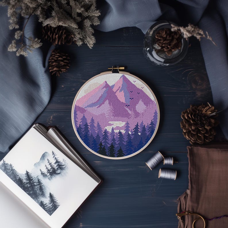 Mountains Modern Cross Stitch Pattern PDF, Lavender Landscape Counted Cross Stitch Chart, Nature, Forest, Hoop Embroidery, Digital Download image 2
