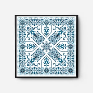 Folk Sampler Modern Cross Stitch Pattern PDF, Monochromatic Flowers Counted Cross Stitch Chart, Pillow, Carpet Embroidery, Digital Download