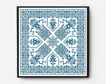 May include: A framed cross-stitch pattern with a teal blue design of a geometric floral pattern.
