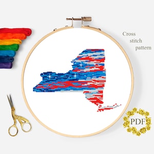New York State Karte moderne Kreuzstichmuster PDF, amerikanische Flagge Kreuzstichvorlage, Sterne, patriotische Stickerei, digitaler Download