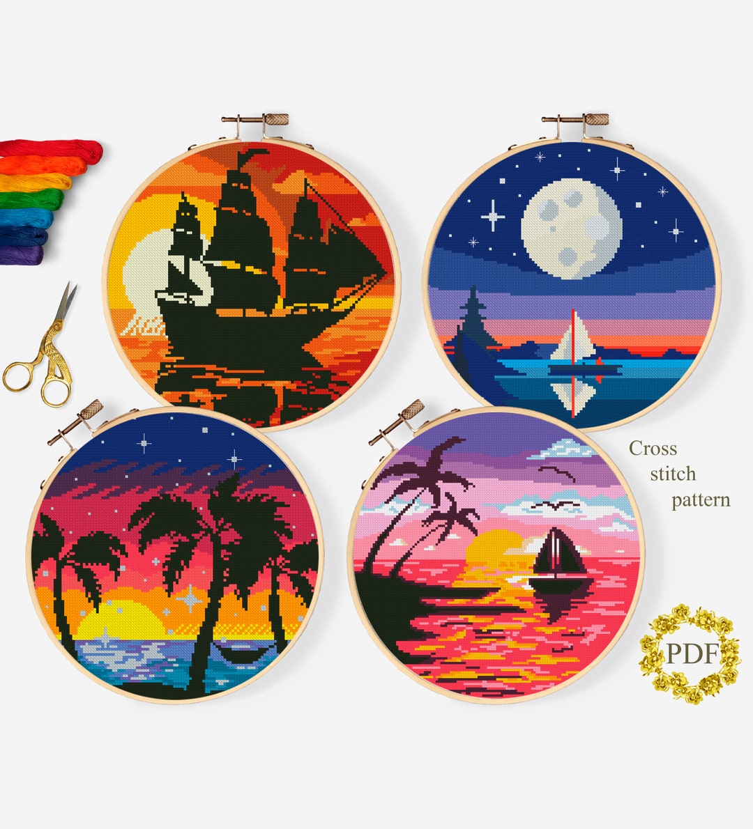 Set Nature Modern Cross Stitch Pattern PDF, Sea Landscape Counted Cross ...