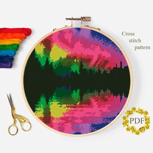 Landscape Modern Cross Stitch Pattern PDF, Northern Lights Counted Cross Stitch Chart, Nature, River, Forest, Embroidery, Digital Download