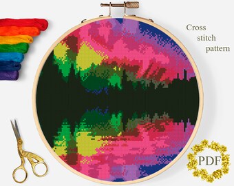 Landscape Modern Cross Stitch Pattern PDF, Northern Lights Counted Cross Stitch Chart, Nature, River, Forest, Embroidery, Digital Download