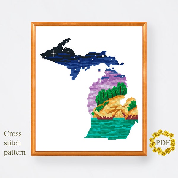 Michigan State Modern Cross Stitch Pattern PDF, Landscape Map Counted Cross Stitch Chart, Nature, Lake, Stars, Embroidery, Digital Download