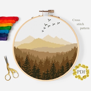 Kreuzstich Stickvorlage PDF, Berge Kreuzstichvorlage, Kreuzstichvorlage, Wald, Natur, Retro, Stickbild, digitaler Download