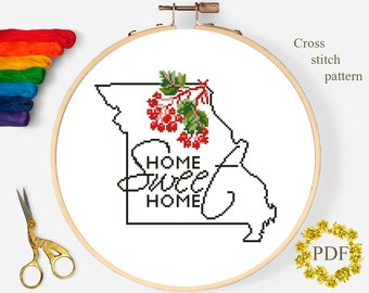 Missouri State Flower Modern Cross Stitch Pattern PDF, USA Map Counted Cross Stitch Chart, Floral Embroidery Digital Download