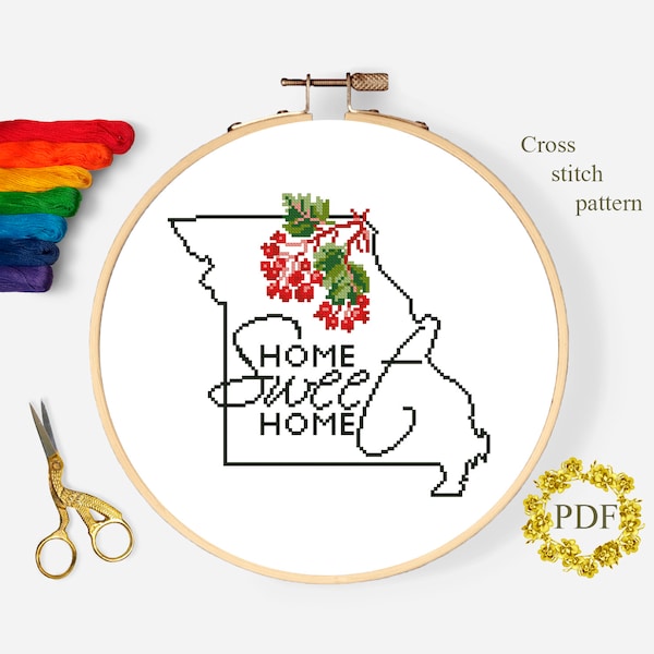 Missouri State Flower Modern Cross Stitch Pattern PDF, USA Map Counted Cross Stitch Chart, Floral Embroidery Digital Download