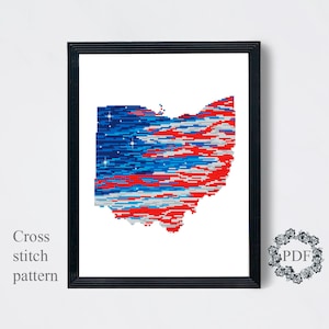 Ohio State Karte modernes Kreuzstichmuster PDF, amerikanische Flagge Kreuzstichvorlage, Sterne, patriotische Stickerei digitaler Download