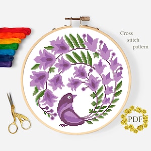 Bird Floral Modern Cross Stitch Pattern PDF, Flowers Violet Counted Cross Stitch Chart, Nature, Hoop Art Embroidery Design, Digital Download