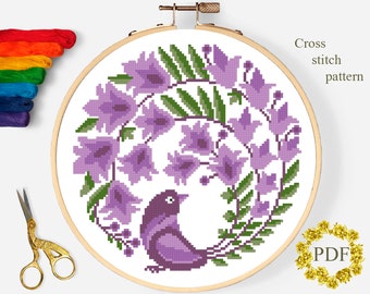 Bird Floral Modern Cross Stitch Pattern PDF, Flowers Violet Counted Cross Stitch Chart, Nature, Hoop Art Embroidery Design, Digital Download