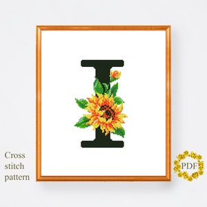 Letra I Padrão de ponto cruz moderno PDF, Gráfico de ponto cruz floral monograma, Girassol flor, Bordado ucraniano, Download digital