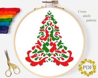 Christmas Tree Modern Cross Stitch Pattern PDF, Xmas Counted Cross Stitch Chart, Nature, Holiday, Ornament, Hoop Embroidery Digital Download