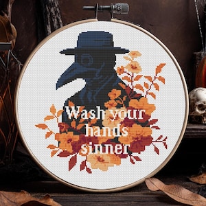 Snarky cross stitch pattern PDF Halloween Plague Doctor Subversive Quote chart sarcastic Fall embroidery Funny Floral Autumn crossstitch