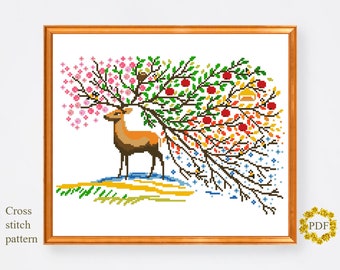 Seasons Tree Modern Cross Stitch Pattern PDF, Watercolor Deer Counted Cross Stitch Chart, Nature, Animal, Hoop Embroidery, Digital Download