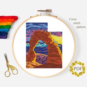 Mapa del estado de Utah Patrón de punto de cruz moderno PDF, Gráfico de punto de cruz contado de paisaje, Naturaleza, Parque Nacional Arches, Descarga de bordado de aro