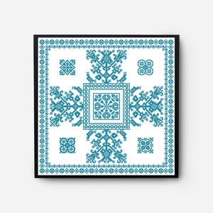 Folk Sampler Modern Cross Stitch Pattern PDF, Monochromatic Flowers Counted Cross Stitch Chart, Pillow, Carpet Embroidery, Digital Download