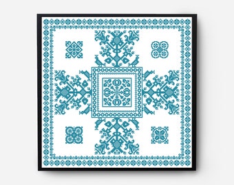 May include: A framed artwork featuring a teal blue geometric pattern with a cross-shaped design. The pattern is made up of repeating shapes and lines, creating a symmetrical and intricate design.