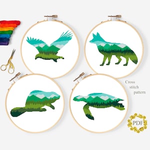 Set Tiere Kreuzstichvorlage Modern PDF, Berglandschaft Kreuzstichvorlage, Schildkröte, Adler, Fuchs, Biber, Stickerei, Download