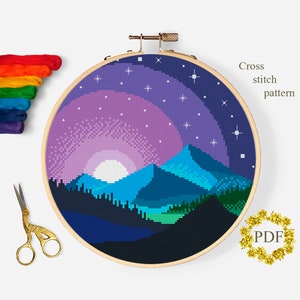 Berglandschaft moderne Kreuzstichvorlage PDF, Sternenhimmel Kreuzstichvorlage, Natur, Mond, Hoop Embroidery, digitaler Download