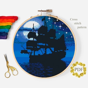 Sailboat Modern Cross Stitch Pattern PDF, Sea Landscape Counted Cross Stitch Chart, Blue Nature, Ocean, Moon, Embroidery, Digital Download